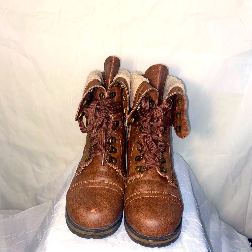 Cognac brown leather boots with fur mid calf/ ankle length